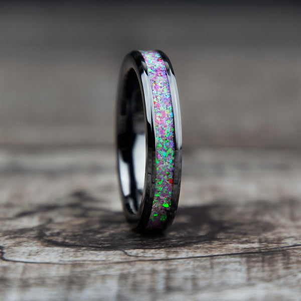 Deep sea coral pink opal black ceramic ring - women's wedding band - copperbeard jewelry