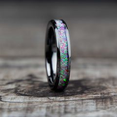 Deep sea coral pink opal black ceramic ring - women's wedding band - copperbeard jewelry