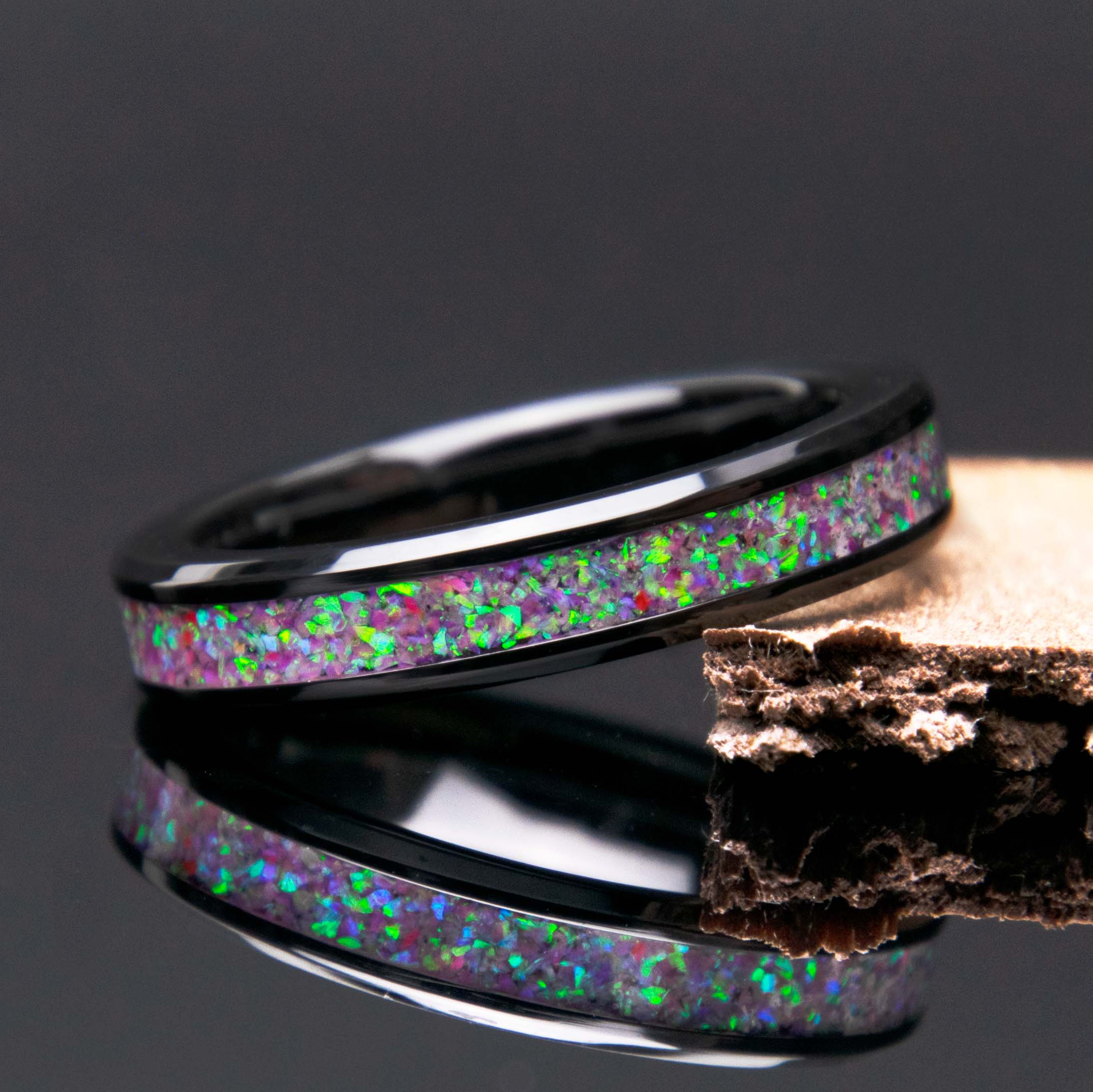 Deep sea coral pink opal black ceramic ring - women's wedding band - copperbeard jewelry