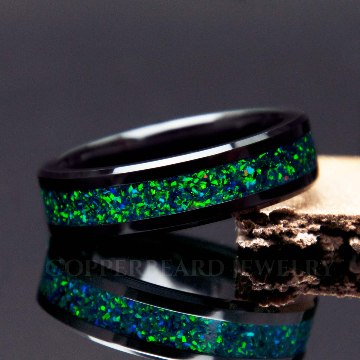 Emerald Green Opal Black Ceramic Ring - Copperbeard Jewelry Main image