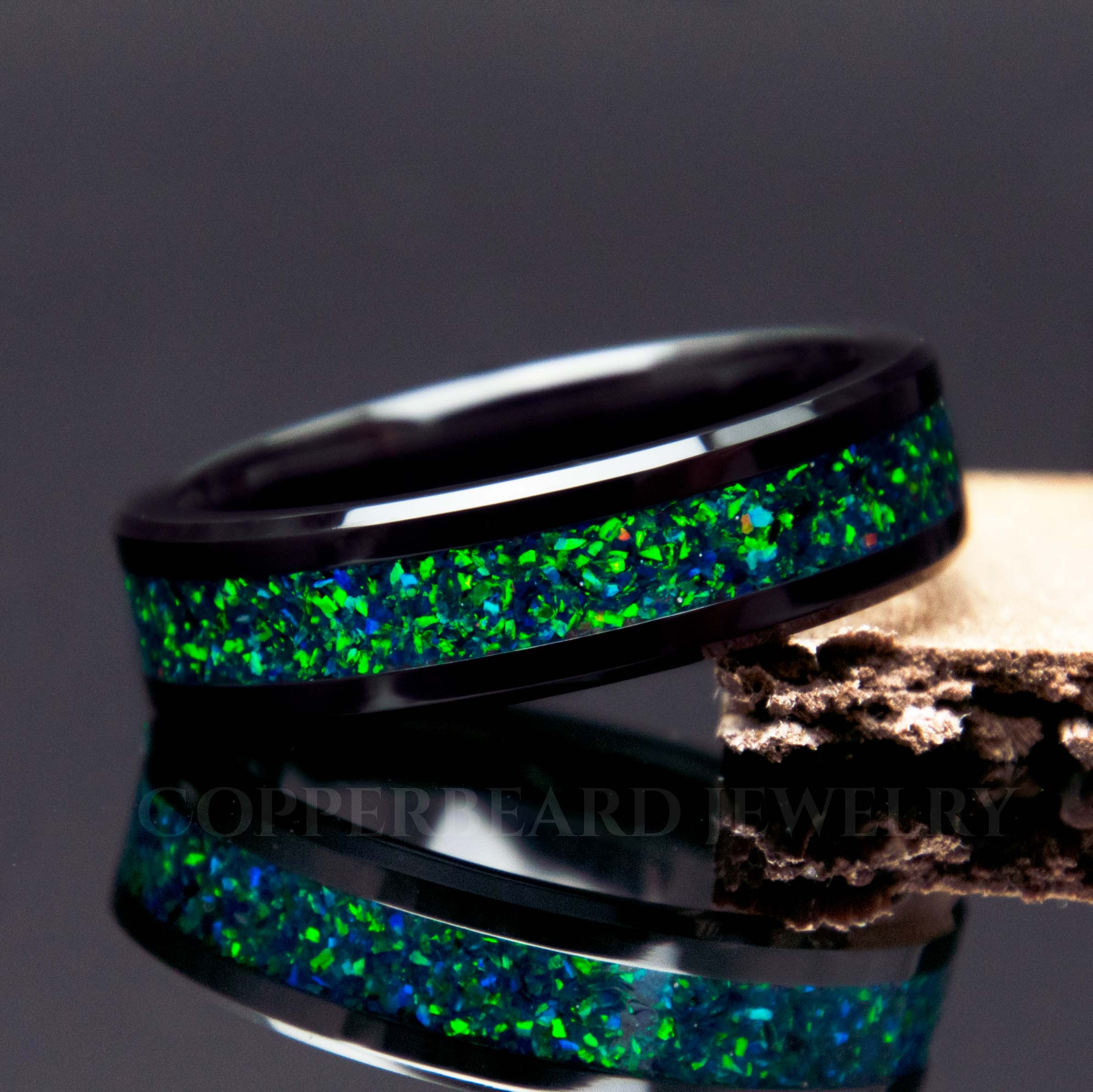 Emerald Green Opal Black Ceramic Ring - Copperbeard Jewelry