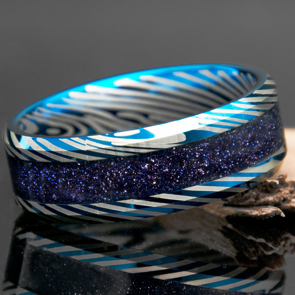 Deep Starry Night Tungsten Damascus Ring With Blue Goldstone Inlay Copperbeard Jewelry