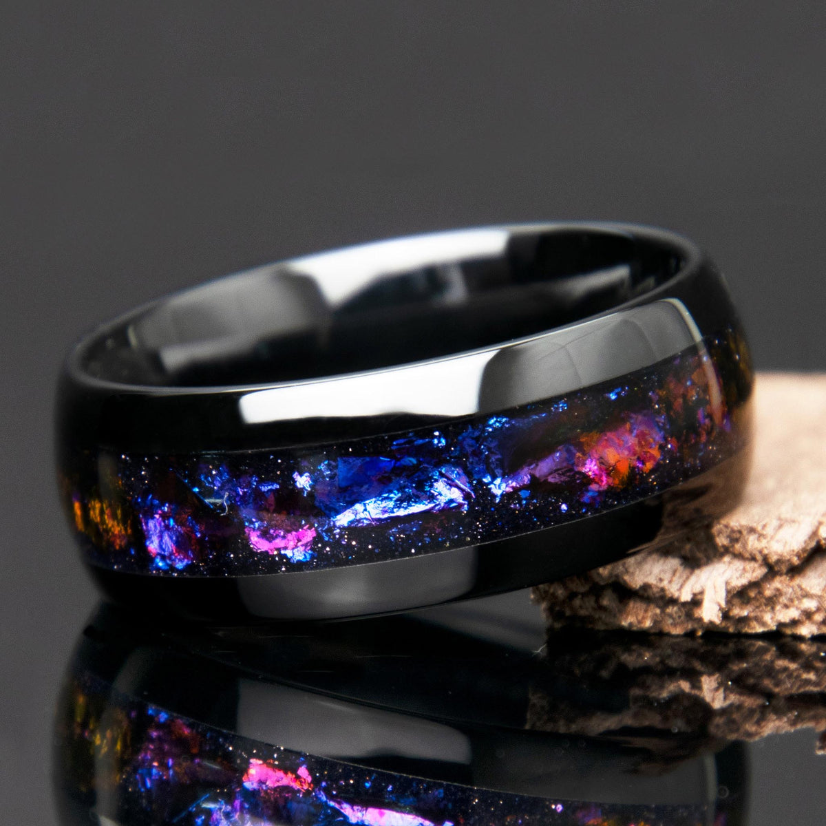 Black Ceramic Galaxy Cosmos Ring - Men's Wedding Band - Blue Goldstone - Copperbeard Jewelry Main image