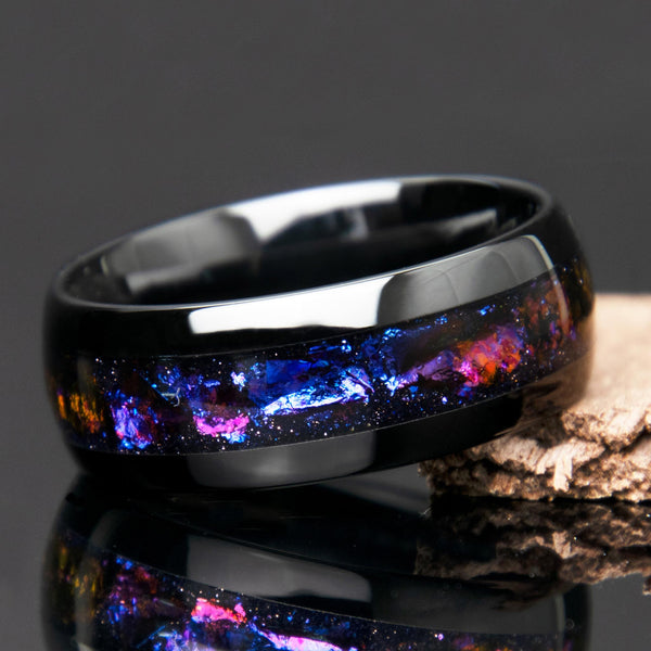 Black Ceramic Galaxy Cosmos Ring - Men's Wedding Band - Blue Goldstone - Copperbeard Jewelry