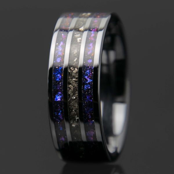 Galaxy And Meteorite Black Ceramic Three Channel Ring Copperbeard Jewelry