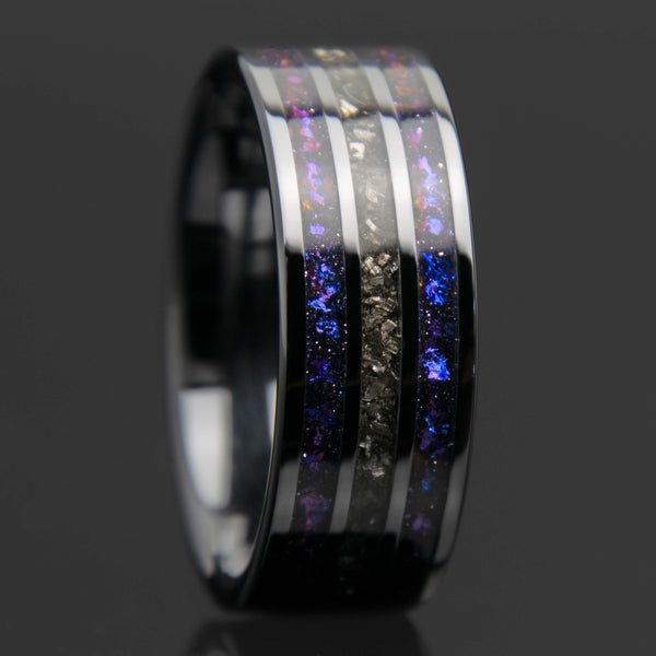 Galaxy And Meteorite Black Ceramic Three Channel Ring Copperbeard Jewelry