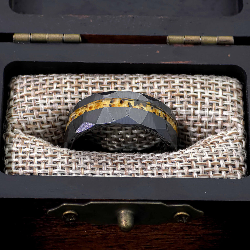 Amber Black Ceramic Faceted Hammered Offset Ring Copperbeard Jewelry