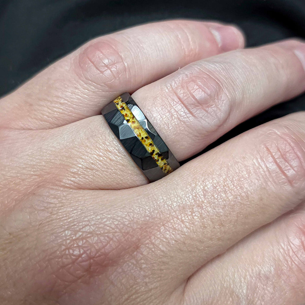 Amber Black Ceramic Faceted Hammered Offset Ring Copperbeard Jewelry