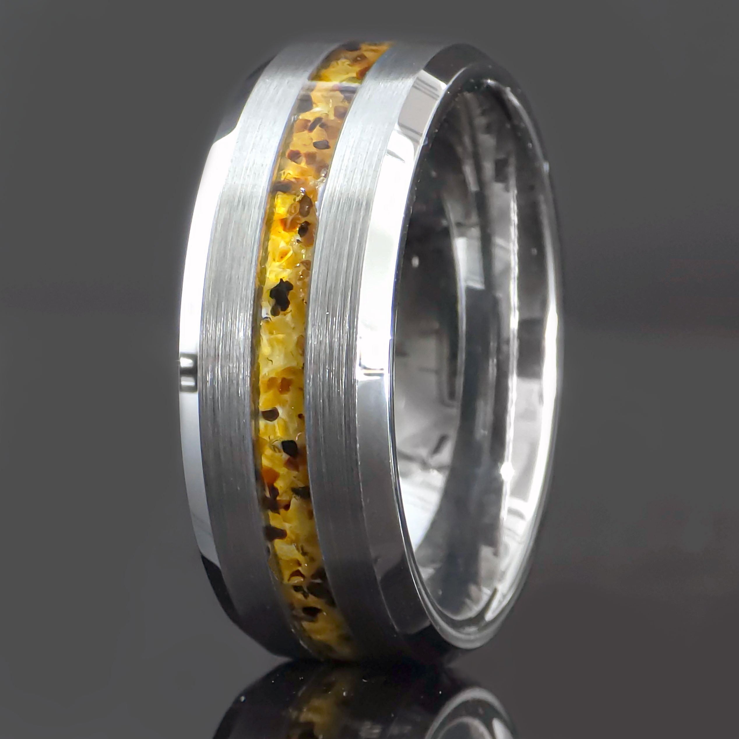 Amber Tungsten Center Line Ring Copperbeard Jewelry