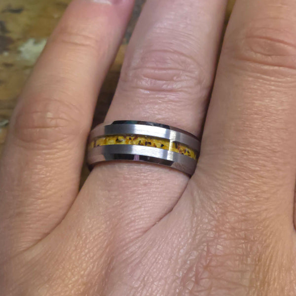 Amber Black Ceramic Faceted Hammered Offset Ring Copperbeard Jewelry