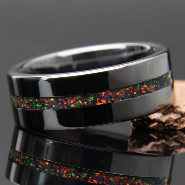 Black Fire Opal With Black Ceramic Center Line Channel Band Copperbeard Jewelry