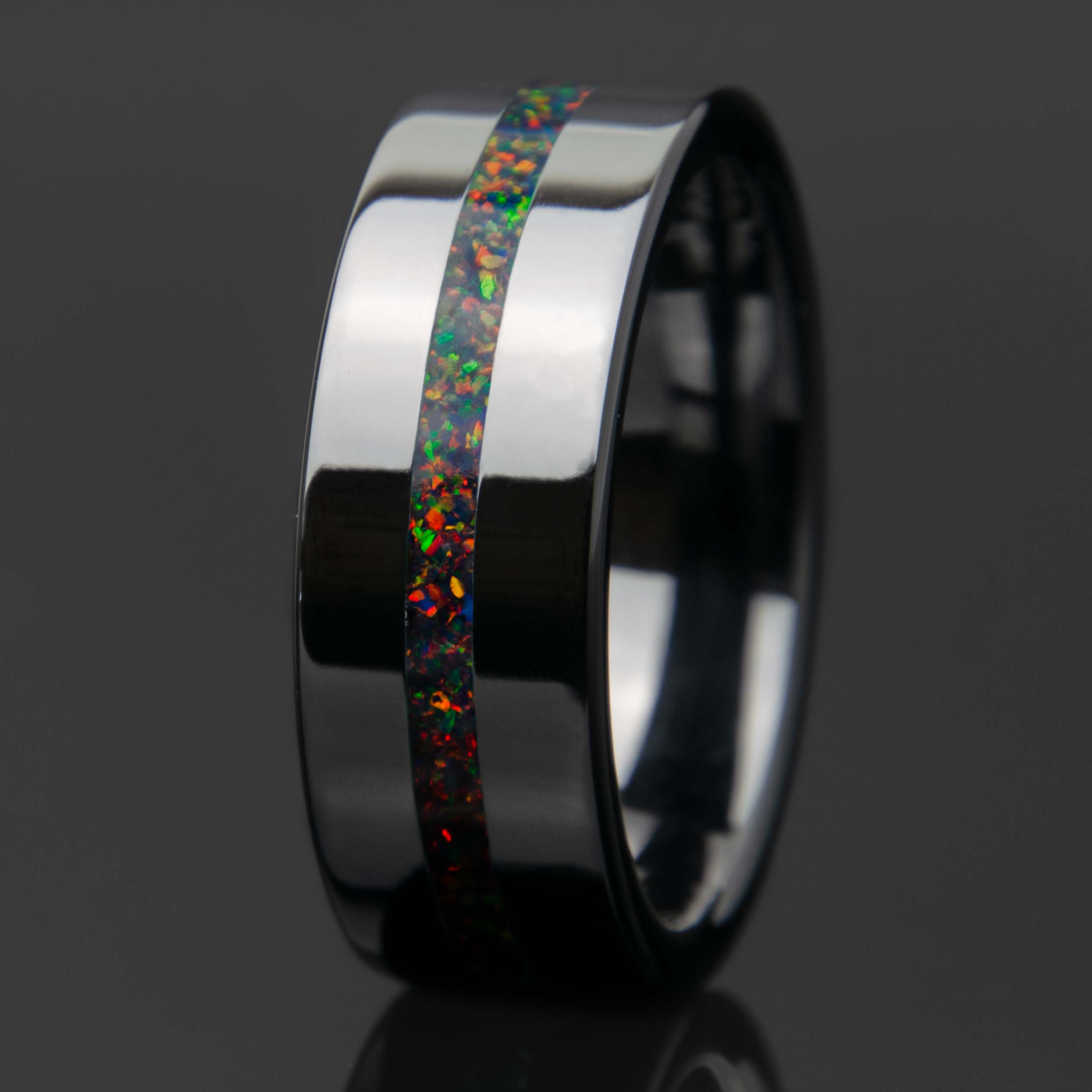 Black Fire Opal With Black Ceramic Center Line Channel Band Secondary image