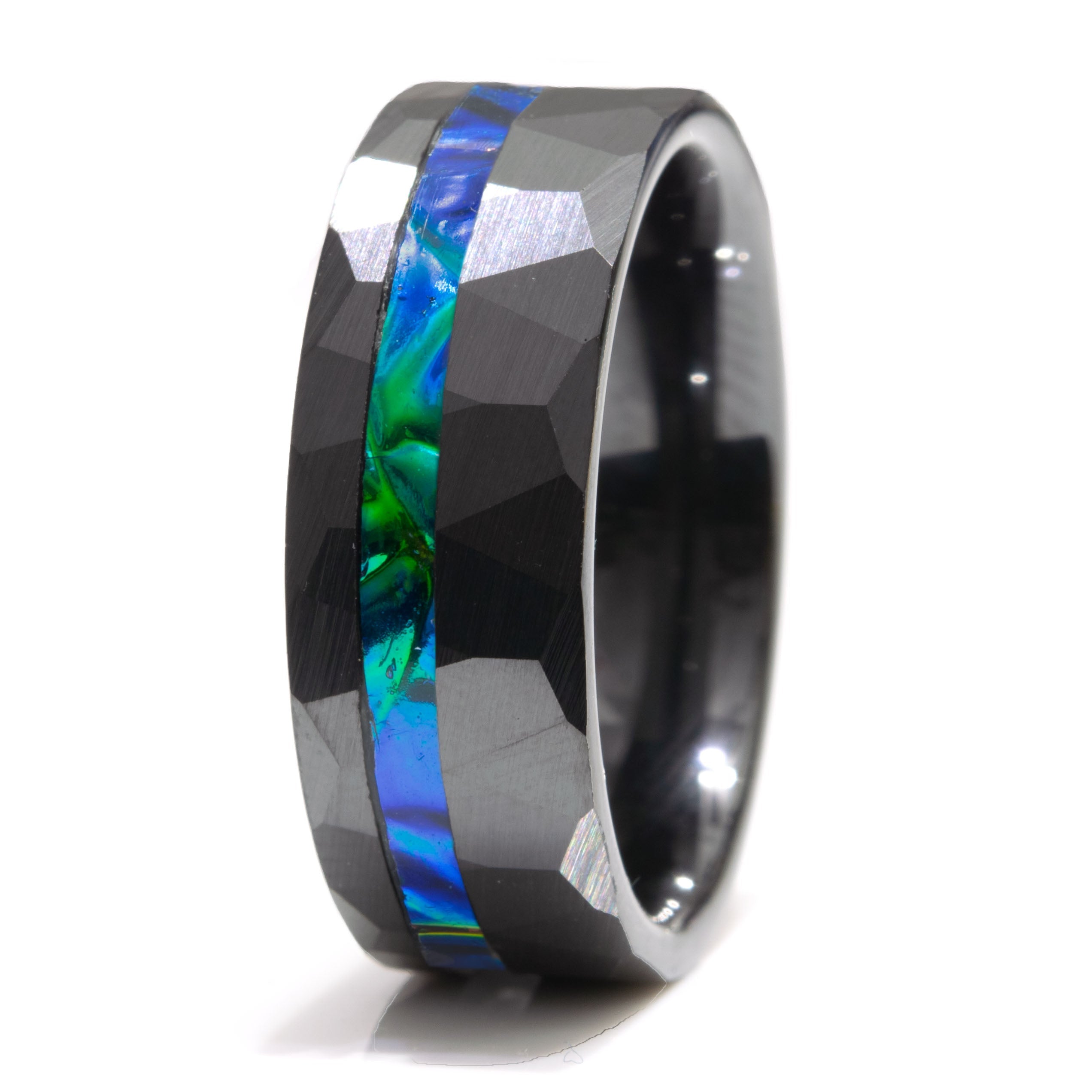 Dichrolam Black Sea Black Ceramic Offset Hammered Ring Copperbeard Jewelry