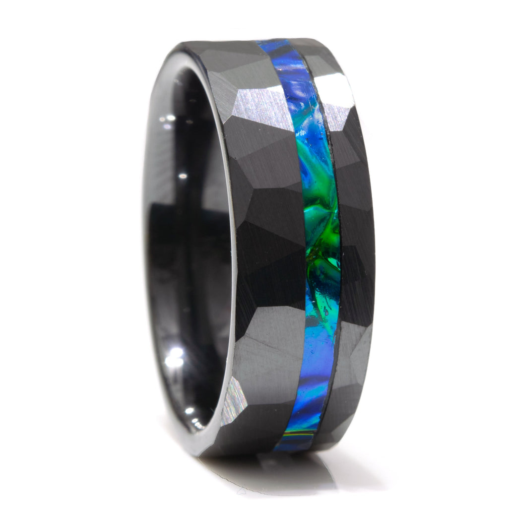 Dichrolam Black Sea Black Ceramic Offset Hammered Ring Copperbeard Jewelry