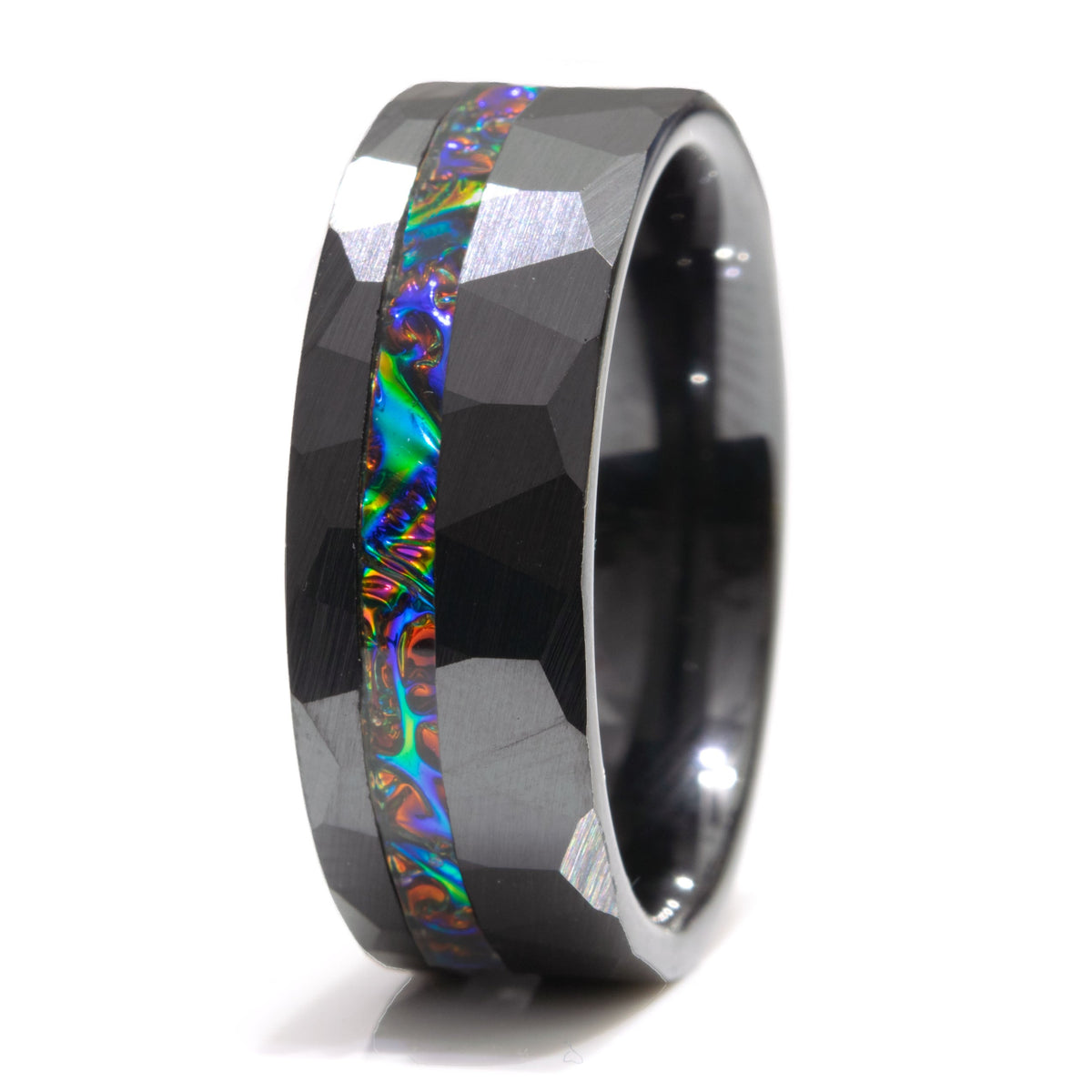 Dichrolam Fire Burl Black Ceramic Offset Hammered Ring Copperbeard Jewelry Main image