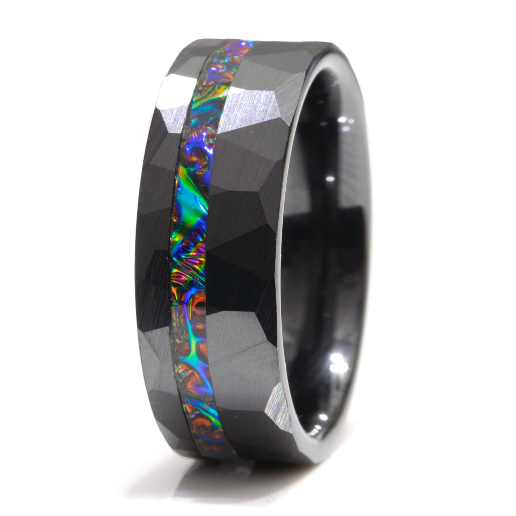 Dichrolam Fire Burl Black Ceramic Offset Hammered Ring Copperbeard Jewelry