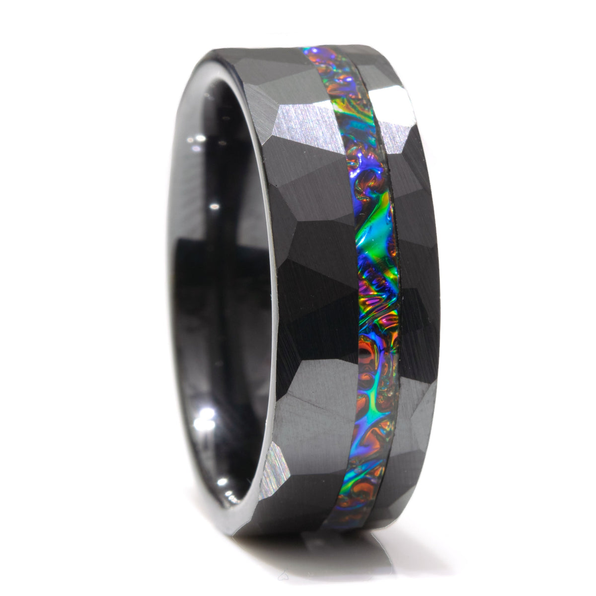 Dichrolam Fire Burl Black Ceramic Offset Hammered Ring Copperbeard Jewelry