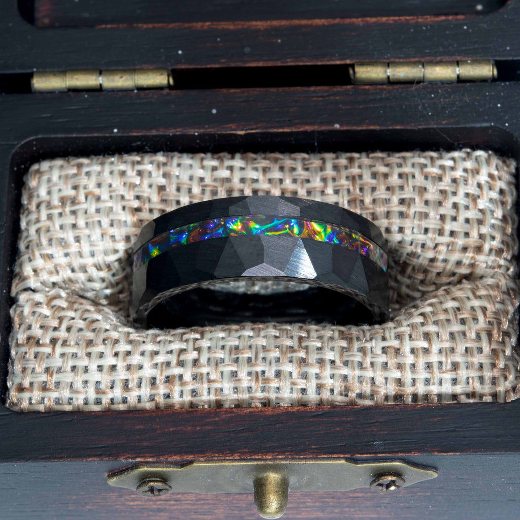 Dichrolam Fire Burl Black Ceramic Offset Hammered Ring Copperbeard Jewelry