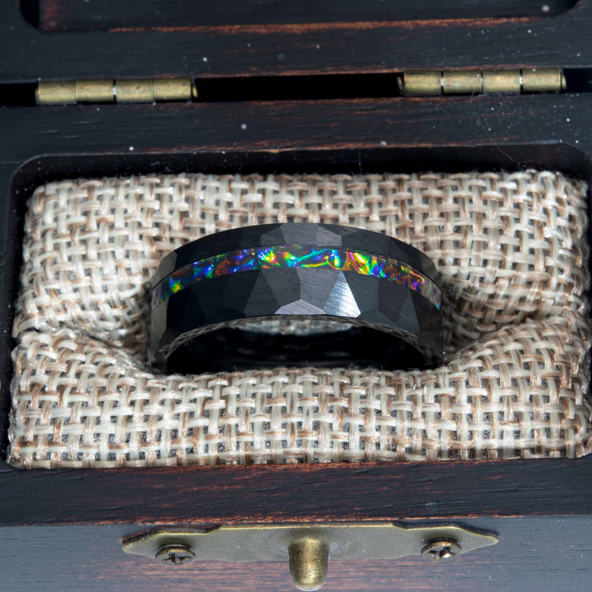 Dichrolam Fire Burl Black Ceramic Offset Hammered Ring Copperbeard Jewelry