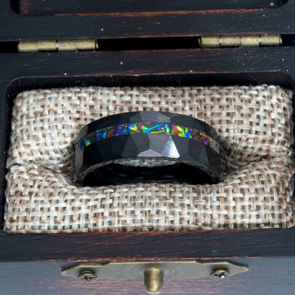Dichrolam Fire Burl Black Ceramic Offset Hammered Ring Copperbeard Jewelry