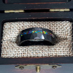 Dichrolam Fire Burl Black Ceramic Offset Hammered Ring Copperbeard Jewelry