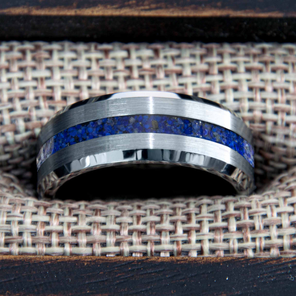 Lapis Lazuli Tungsten Thin Center Line Ring Copperbeard Jewelry