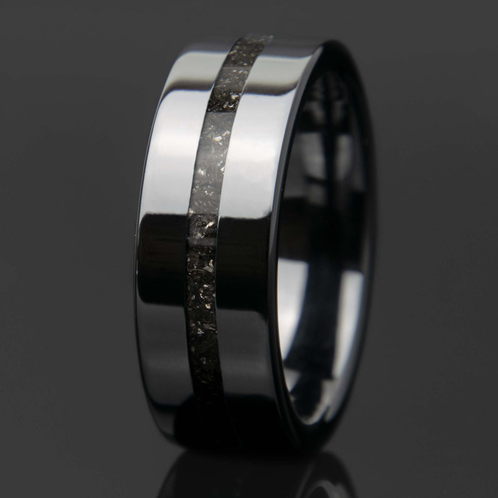 Meteorite Ring With Black Ceramic Center Line Channel Band Copperbeard Jewelry