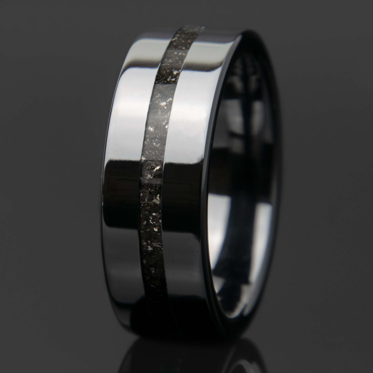 Meteorite Ring With Black Ceramic Center Line Channel Band Copperbeard Jewelry