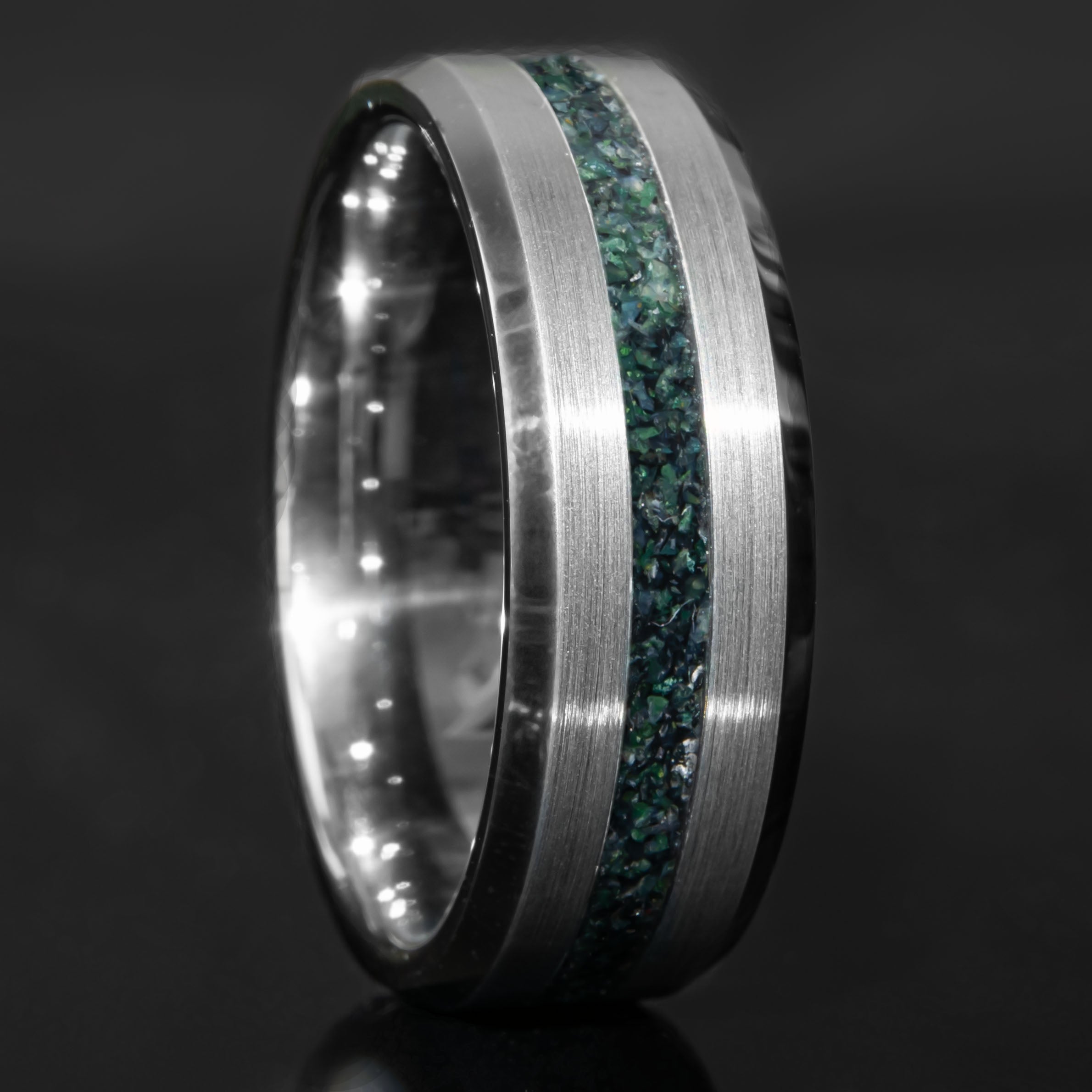 Moss Agate Tungsten Center Line Ring Secondary image