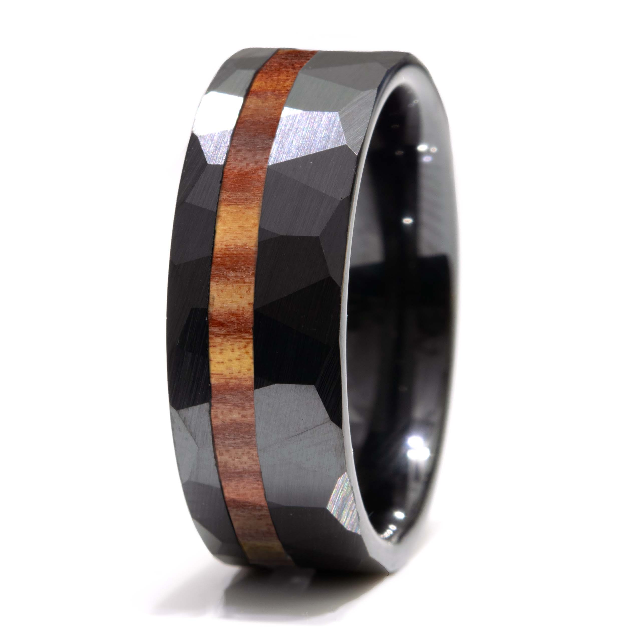 Eastern Red Cedar Wood Hammered Faceted Offset Black Ceramic Ring Copperbeard Jewelry