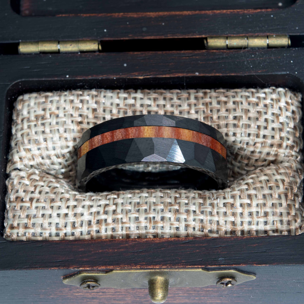 Eastern Red Cedar Wood Hammered Faceted Offset Black Ceramic Ring Copperbeard Jewelry