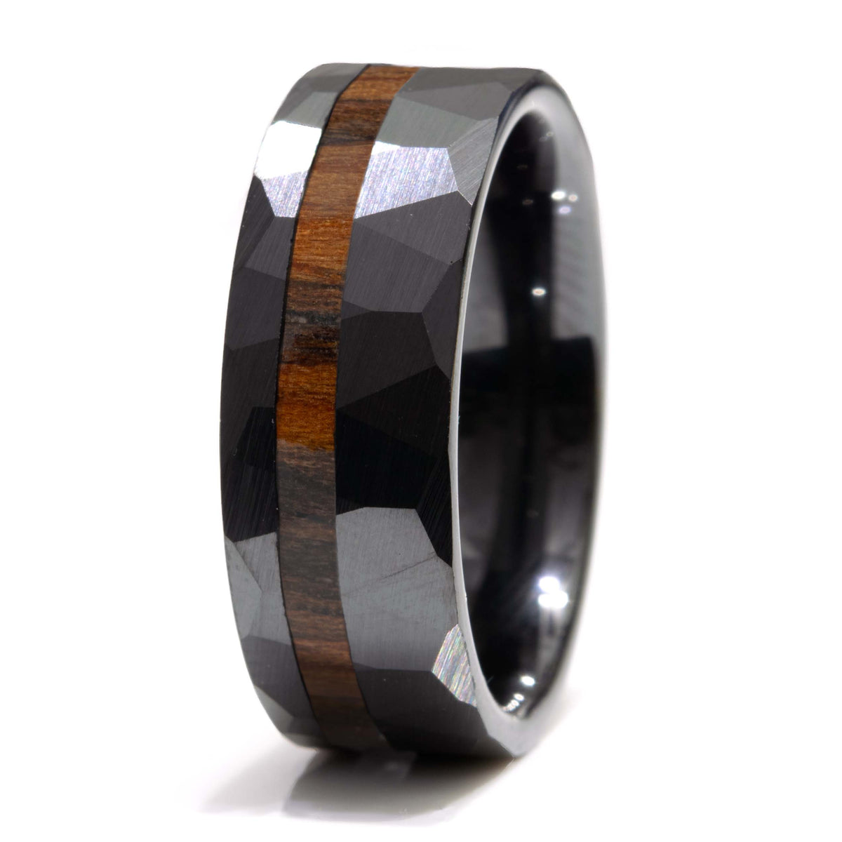 Rosewood Wood Hammered Faceted Offset Black Ceramic Ring Copperbeard Jewelry Main image