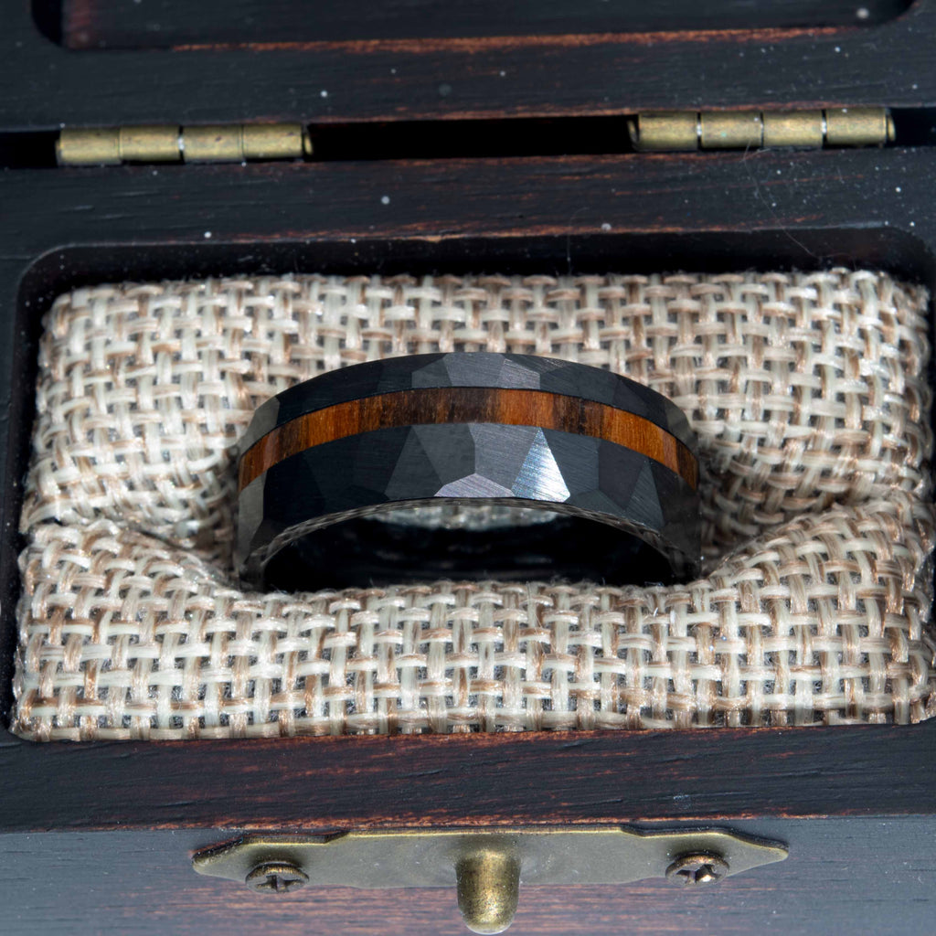 Rosewood Wood Hammered Faceted Offset Black Ceramic Ring Copperbeard Jewelry