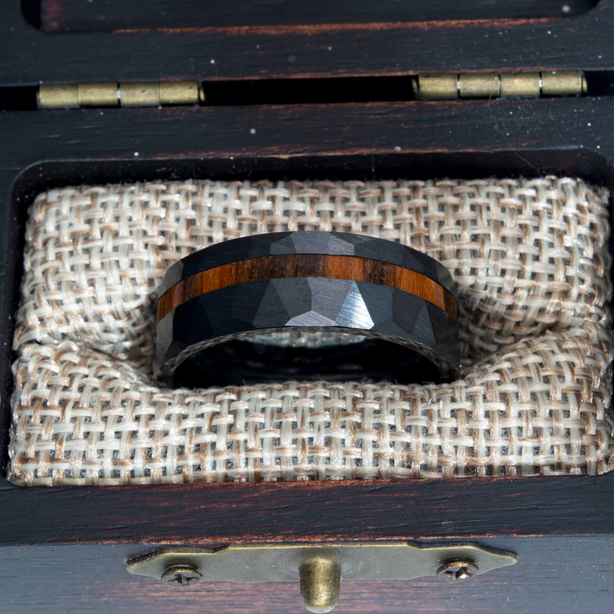 Rosewood Wood Hammered Faceted Offset Black Ceramic Ring Copperbeard Jewelry