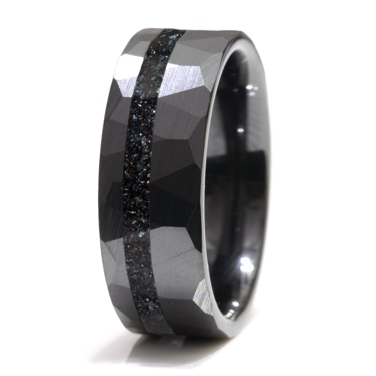 Specularite Hematite Ring With Black Ceramic Hammered Band Copperbeard Jewelry Main image