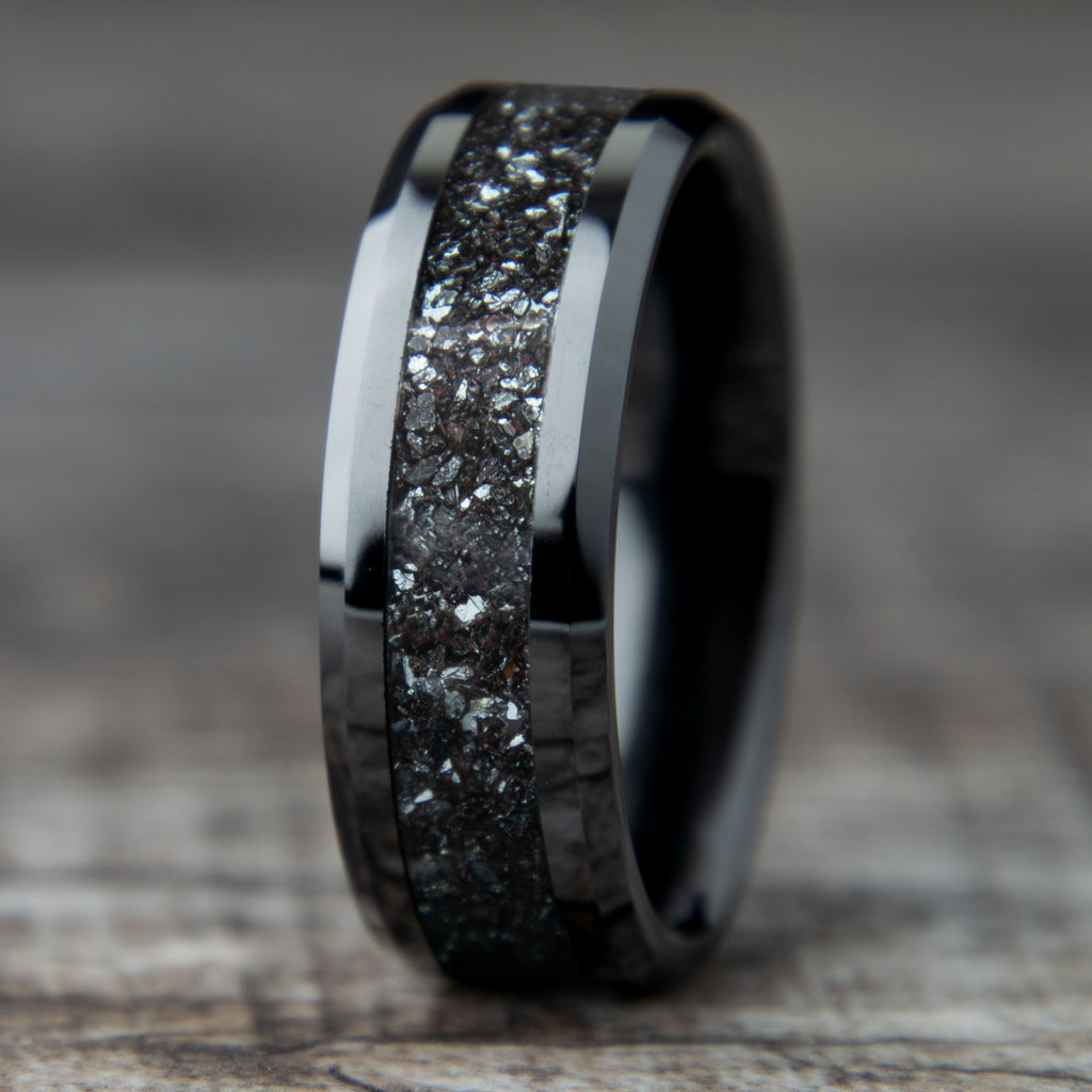 Specularite Hematite Ring With Black Ceramic Band Copperbeard Jewelry