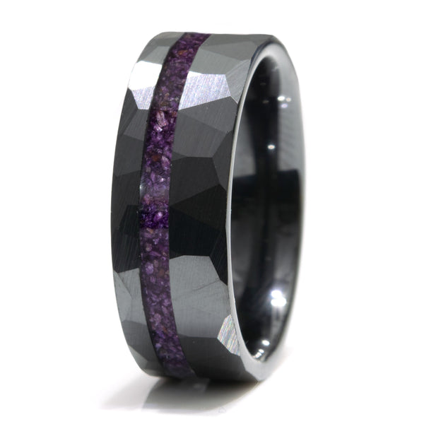 Lapis Lazuli Black Ceramic Faceted Hammered Offset Ring Copperbeard Jewelry