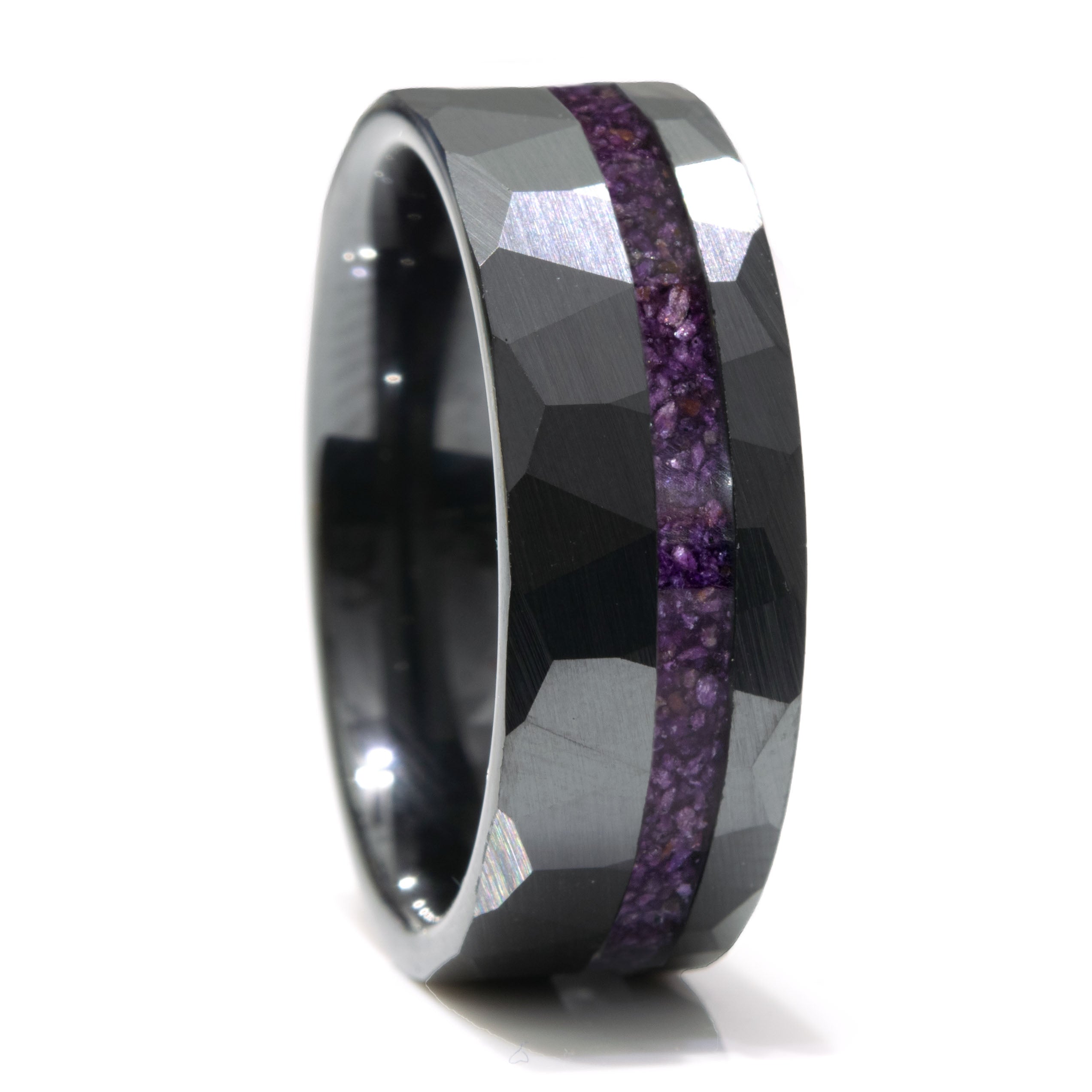 Purple Stichtite Black Ceramic Faceted Hammered Offset Ring Secondary image