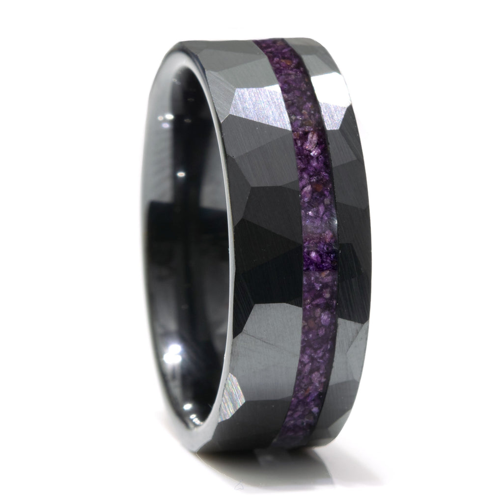Lapis Lazuli Black Ceramic Faceted Hammered Offset Ring Copperbeard Jewelry