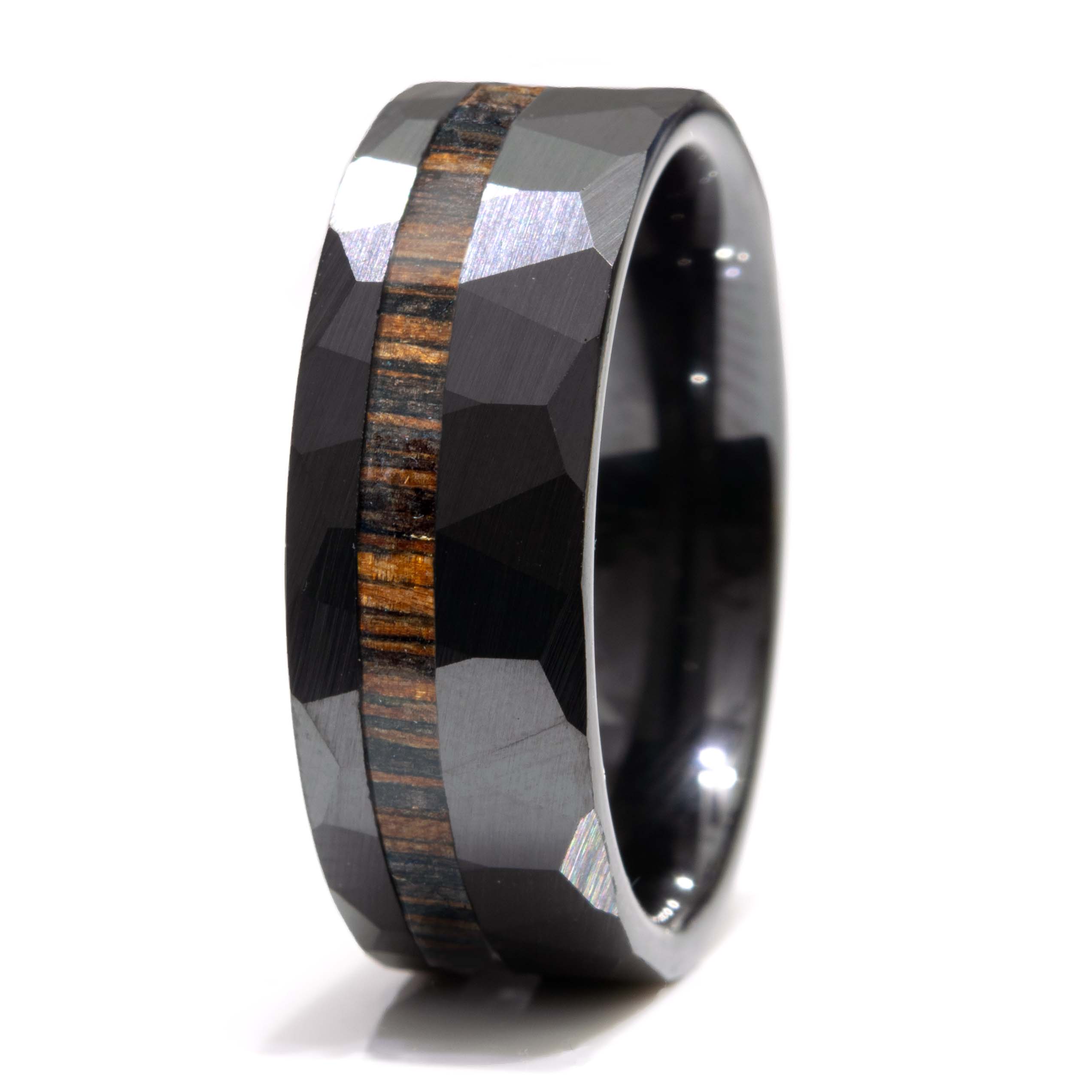Wenge Wood Hammered Faceted Offset Black Ceramic Ring Copperbeard Jewelry