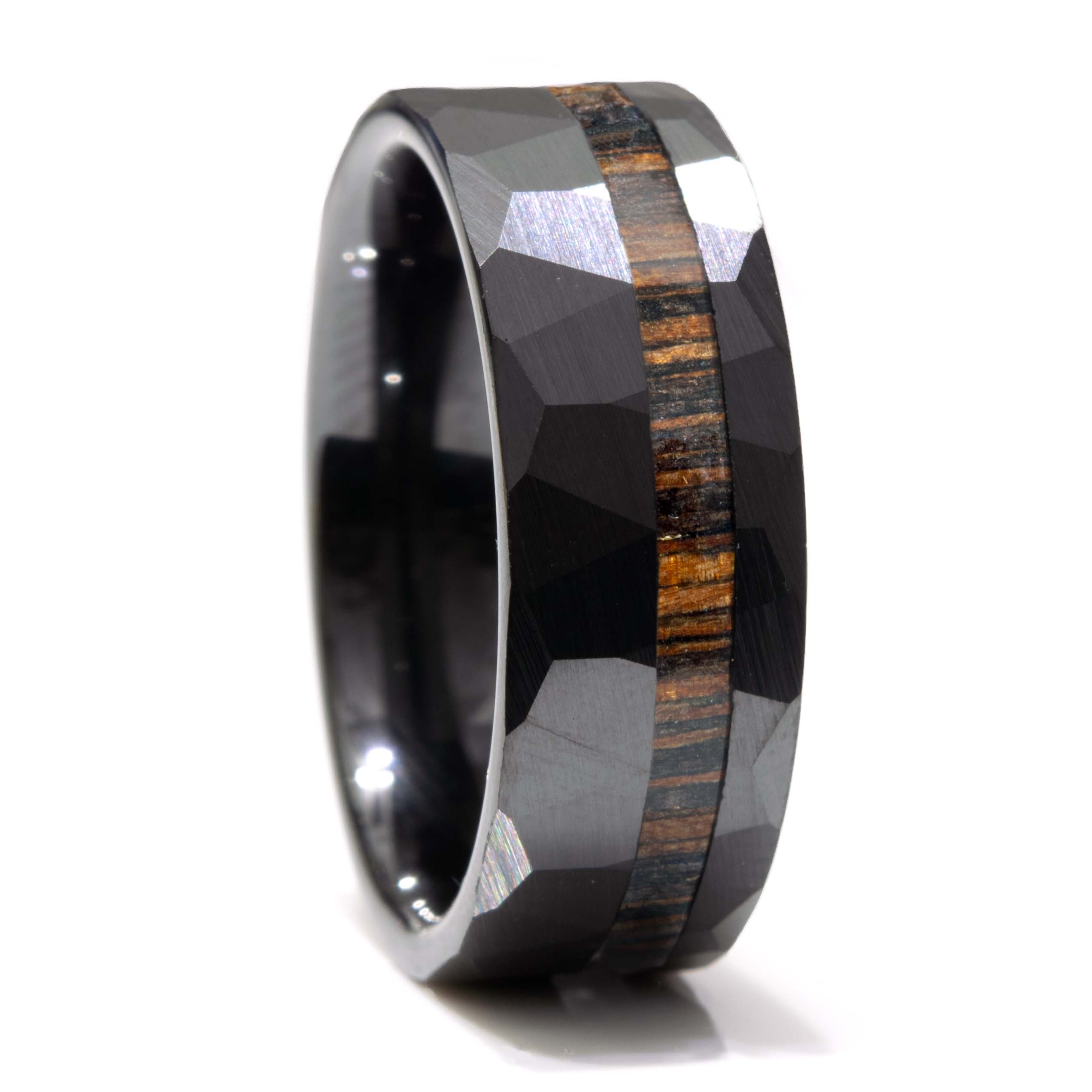 Wenge Wood Hammered Faceted Offset Black Ceramic Ring Secondary image