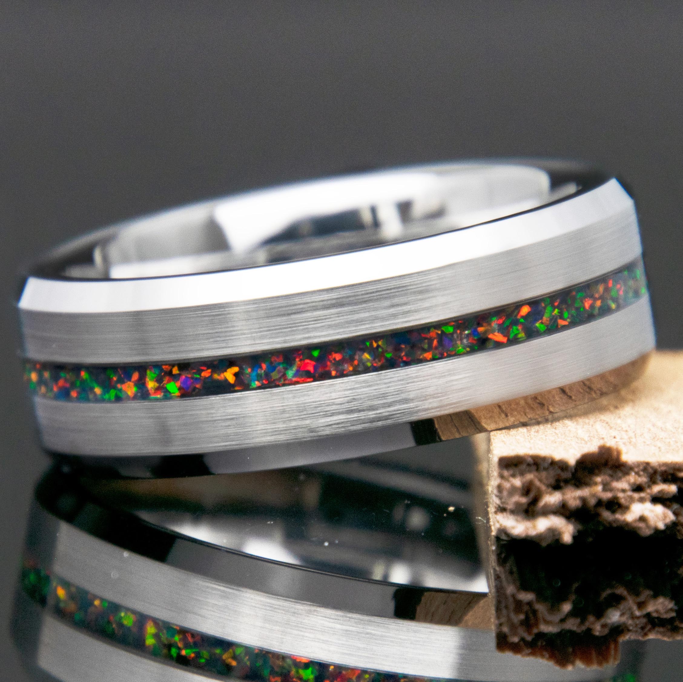 Black Fire Opal Ring With Tungsten Thin Line Band Copperbeard Jewelry