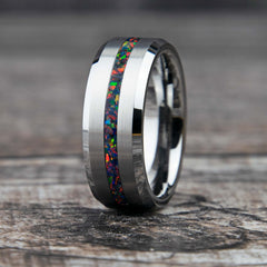 Black Fire Opal Ring With Tungsten Thin Line Band Copperbeard Jewelry