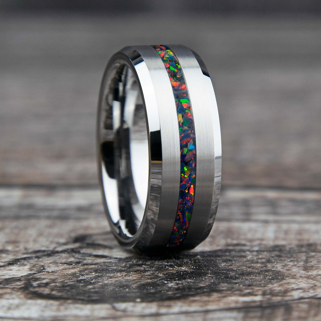 Black Fire Opal Ring With Tungsten Thin Line Band Copperbeard Jewelry