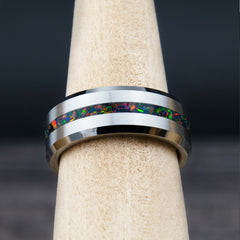 Black Fire Opal Ring With Tungsten Thin Line Band Copperbeard Jewelry