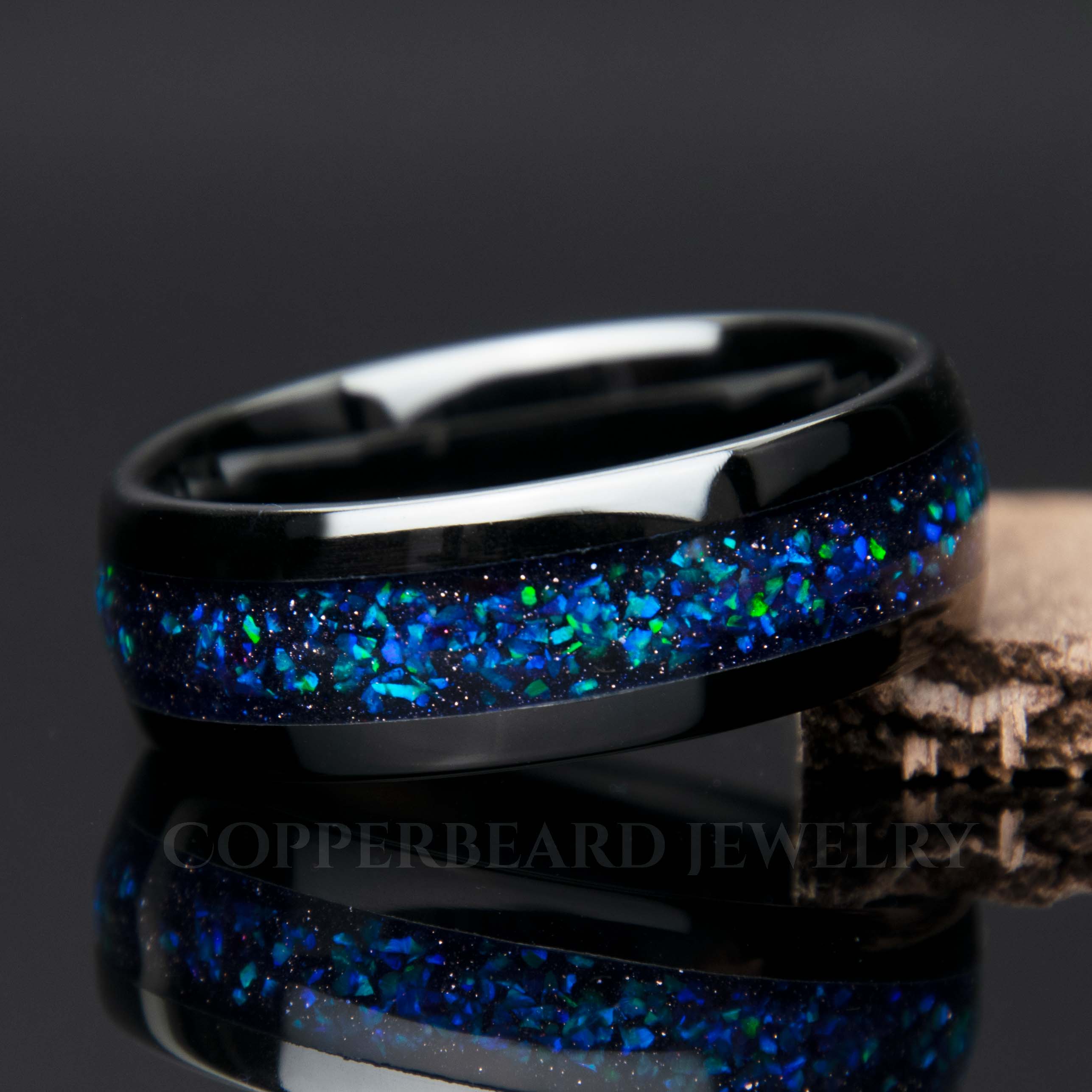 Galaxy Opal Blue Sandstone Black Ceramic Ring Copperbeard Jewelry