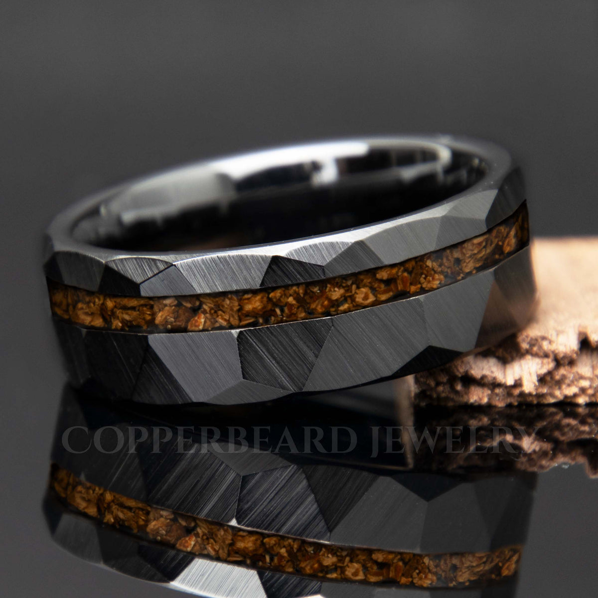 Dinosaur Bone Ring - Black Ceramic Faceted Offset Style - Men's Wedding Band - Copperbeard Jewelry Main image