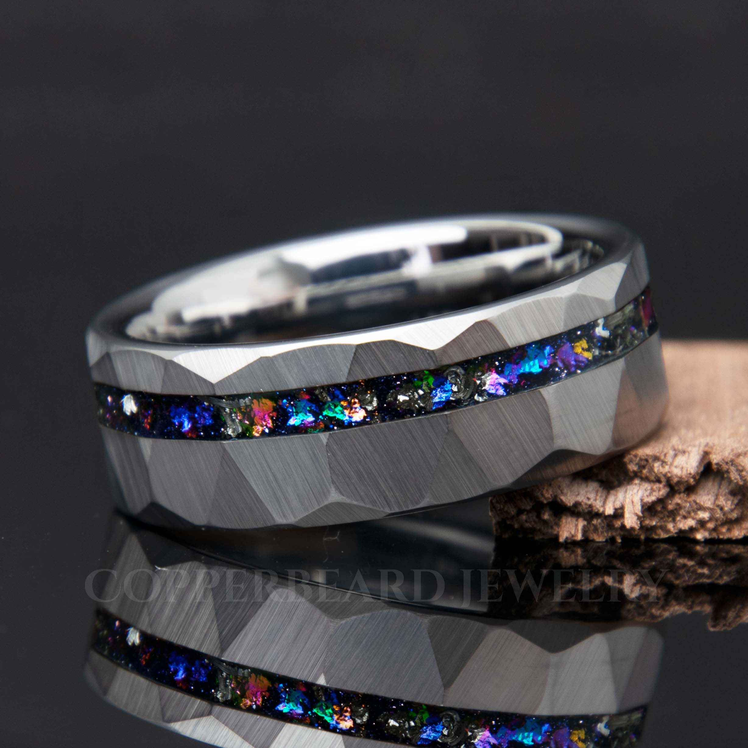 Galaxy Cosmic Flare Hammered Faceted Offset Tungsten Ring - Men's Wedding Engagement Ring - Copperbeard Jewelry