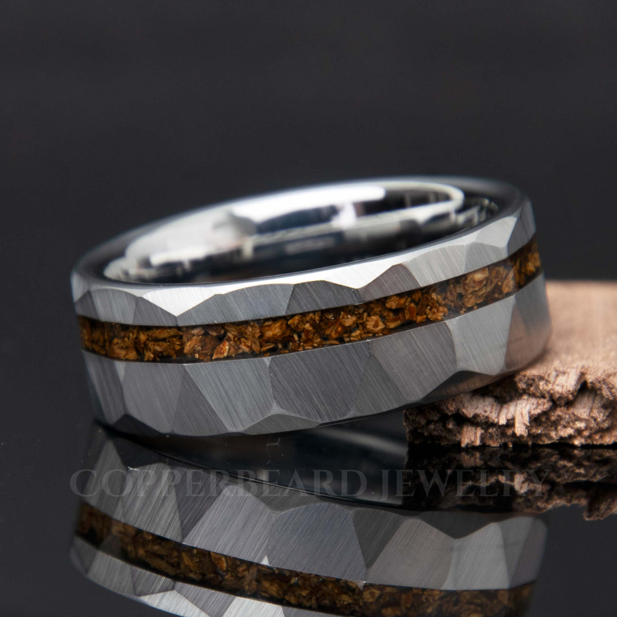 Dinosaur Bone Ring - Tungsten Faceted Hammered Band - Men's Wedding Band - Copperbeard Jewelry Main image