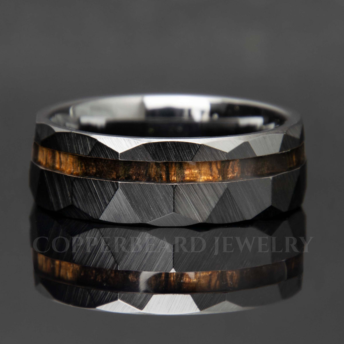 Ebony Wood Black Ceramic Faceted Offset Ring - Men's Wedding Band - Copperbeard Jewelry Main image